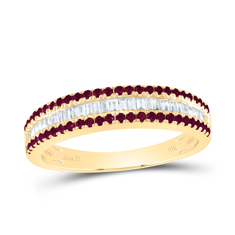 14kt Yellow Gold 1/5 Cttw Diamond Ana M Baguette 1/3 Cttw Round Ruby Natural Gem Bridal Wedding Engagement Anniversary Womens Band, Women Size: 5-9