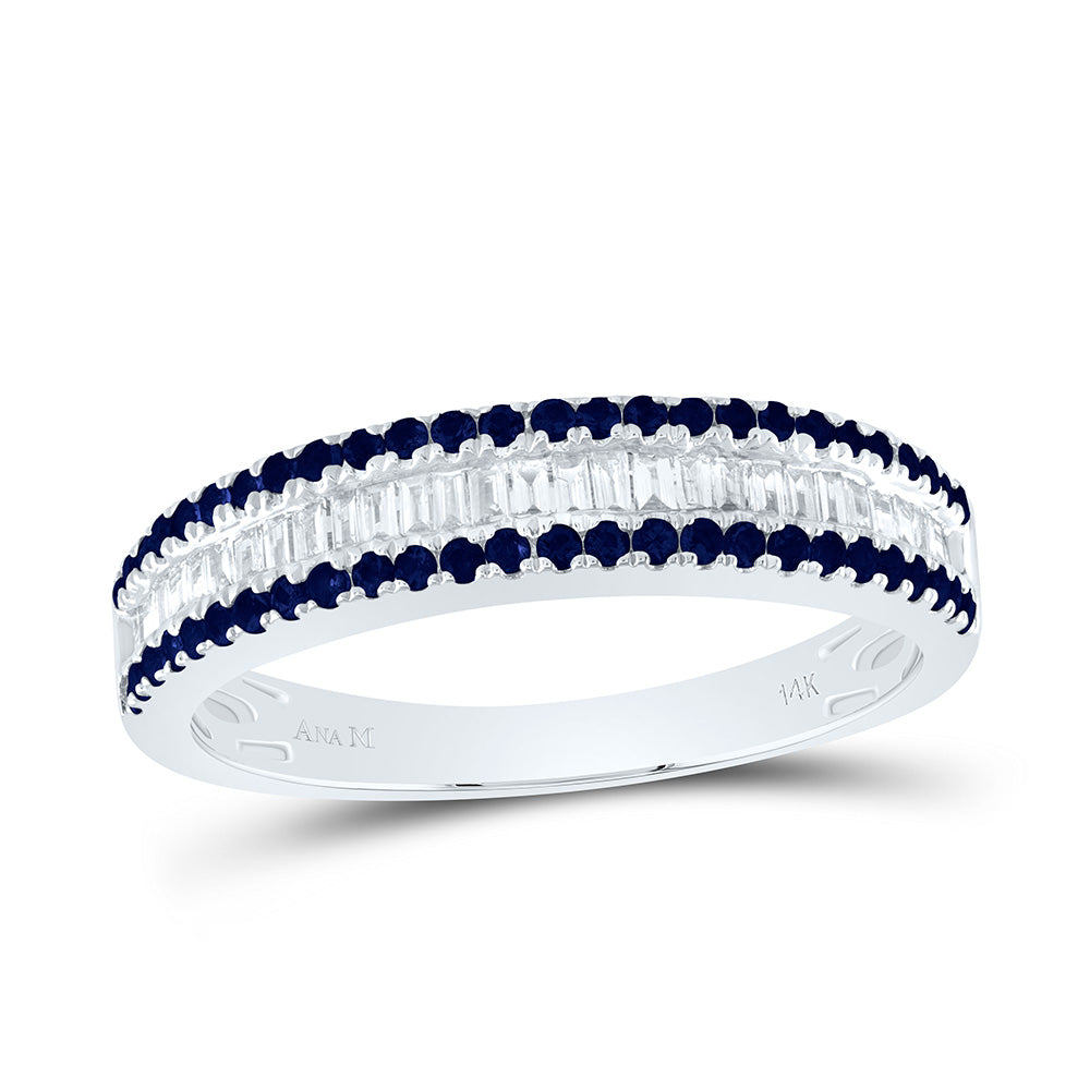 14kt White Gold 1/5 Cttw Diamond Ana M Baguette 1/3 Cttw Round Blue Sapphire Natural Gem Bridal Wedding Engagement Anniversary Womens Band, Women Size: 5-9