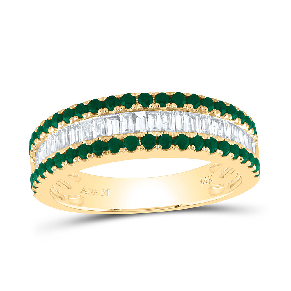 14kt Yellow Gold 3/8 Cttw Diamond Ana M Baguette 1/2 Cttw Round Emerald Natural Gem Bridal Wedding Engagement Anniversary Womens Band, Women Size: 5-9