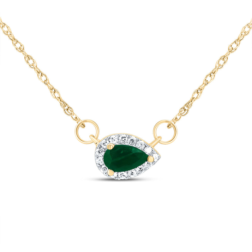 14kt Yellow Gold 1/20 Cttw Diamond 5x3mm Pear Emerald Natural Gem Pear Necklace, Length: 18 Inch