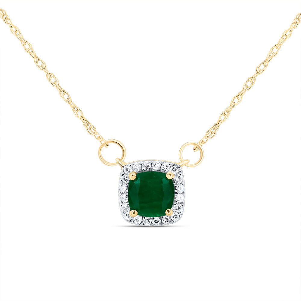 14kt Yellow Gold 1/12 Cttw Diamond 5x5mm Cushion Emerald Natural Gem Cushion Necklace, Length: 18 Inch