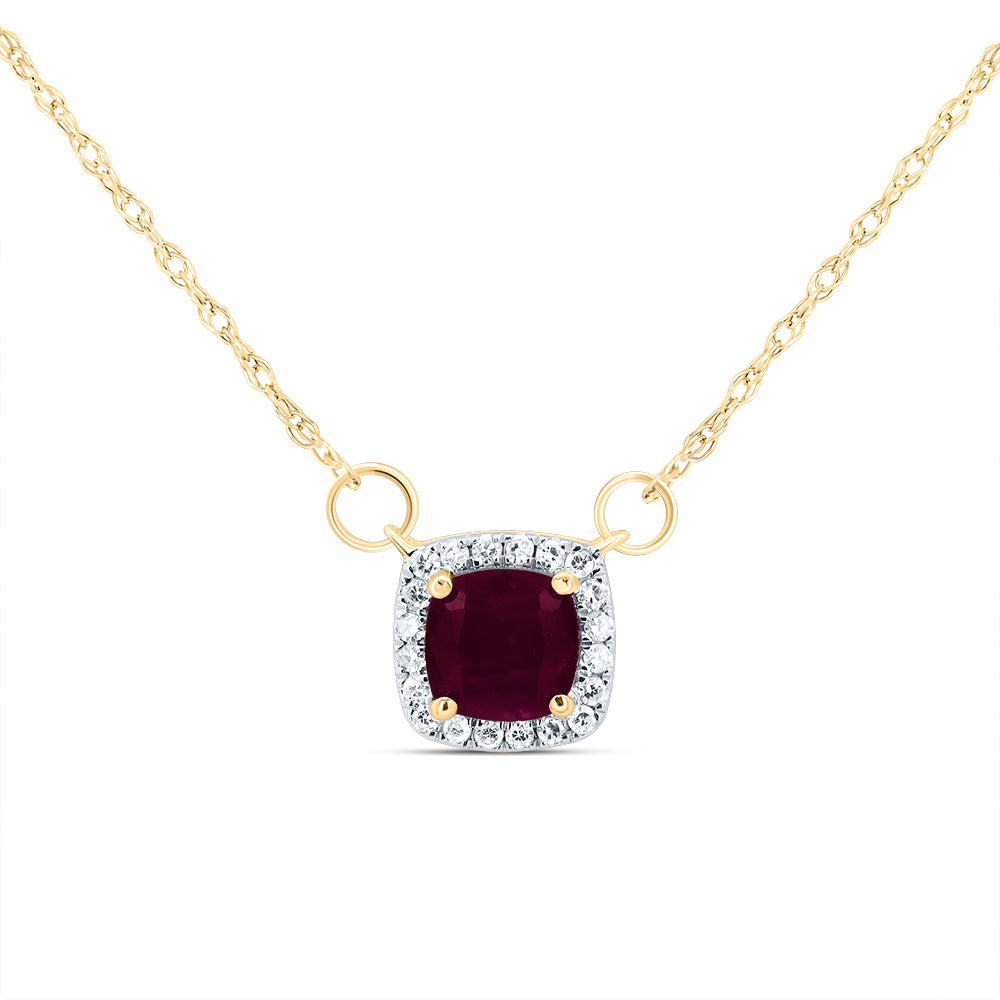14kt Yellow Gold 1/12 Cttw Diamond 5x5mm Cushion Ruby Natural Gem Cushion Necklace, Length: 18 Inch