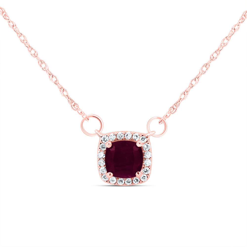 14kt Rose Gold 1/12 Cttw Diamond 5x5mm Cushion Ruby Natural Gem Cushion Necklace, Length: 18 Inch