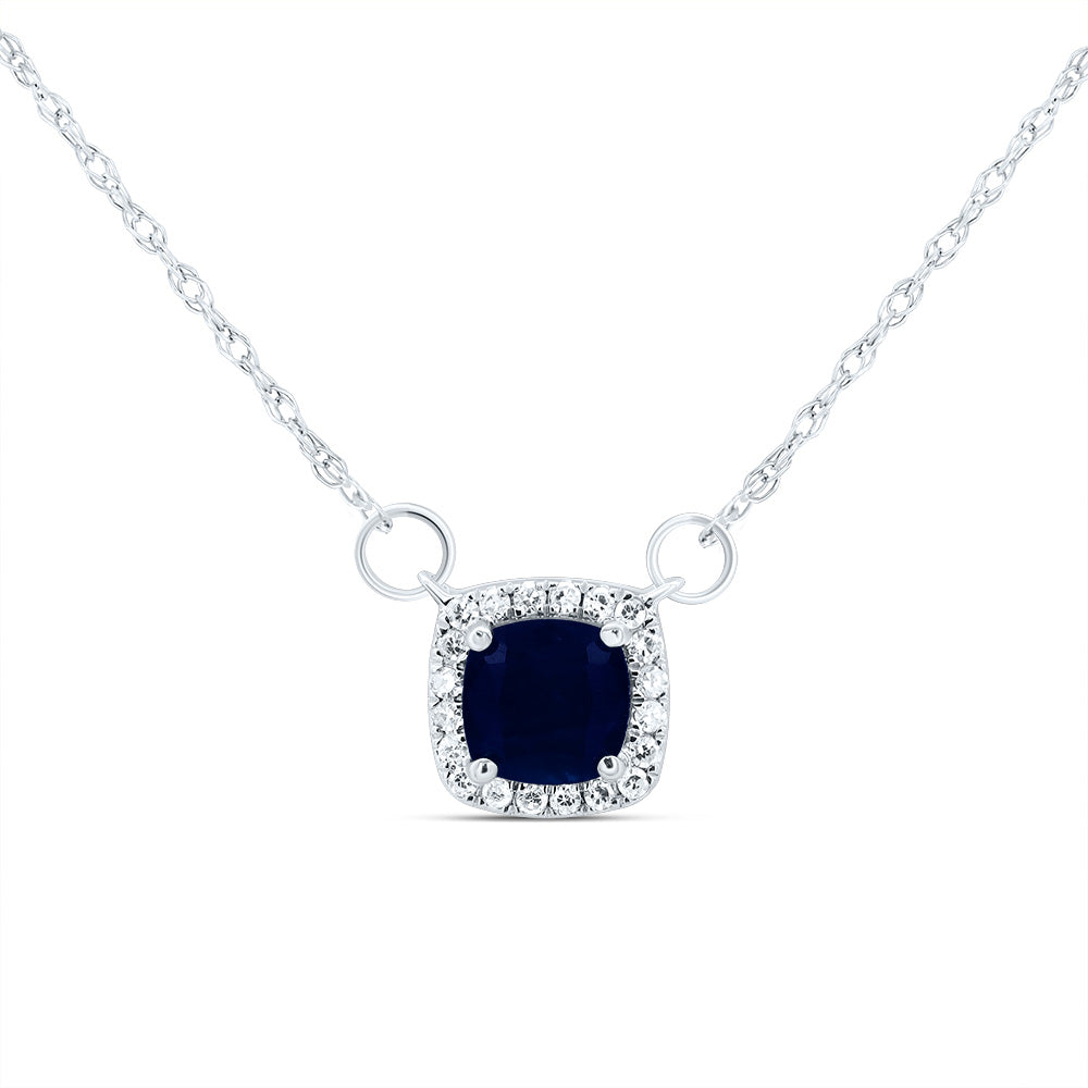 14kt White Gold 1/12 Cttw Diamond 5x5mm Cushion Blue Sapphire Natural Gem Cushion Necklace, Length: 18 Inch