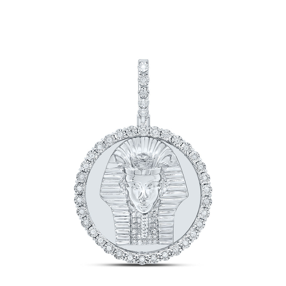 Sterling Silver White-Tone 1/4 Ctw Natural Diamond Egyptian Face Round Pendant