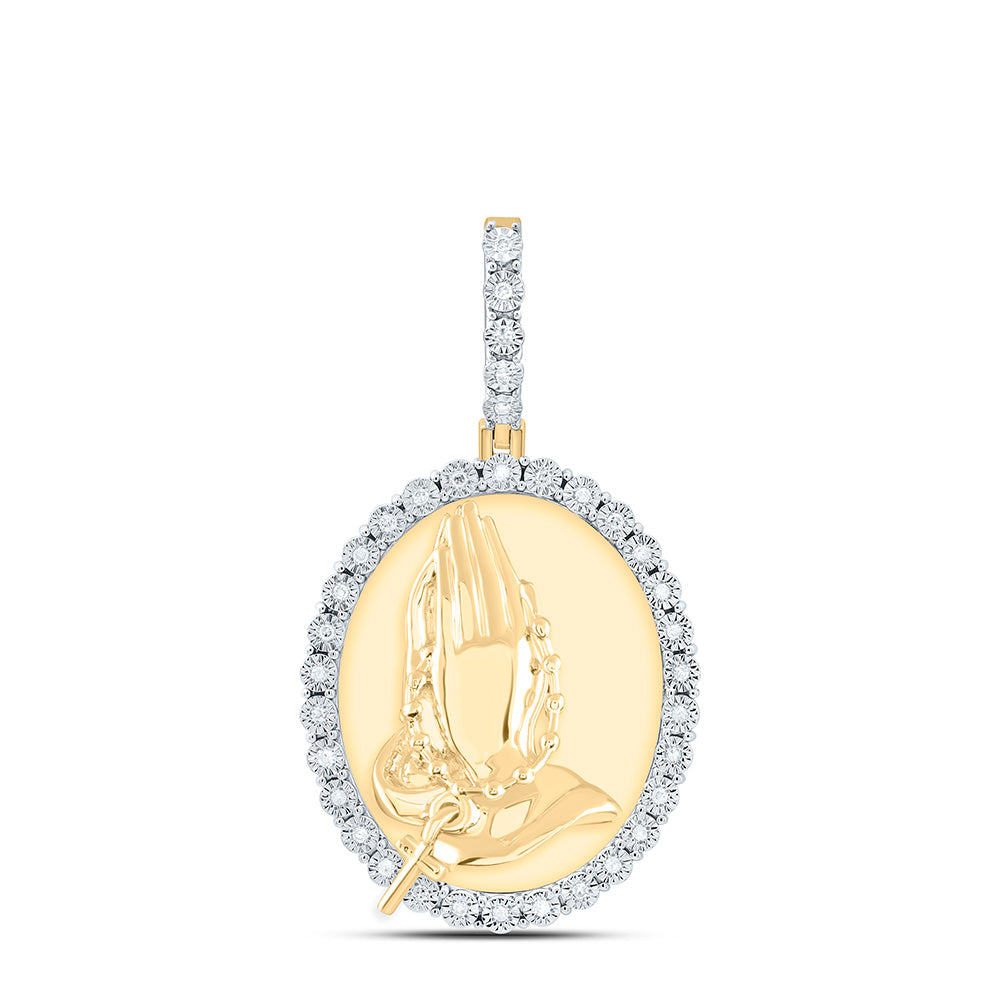 Sterling Silver Yellow-Tone or White-Tone 1/8 Ctw Natural Diamond Praying Hand Cross Oval Pendant
