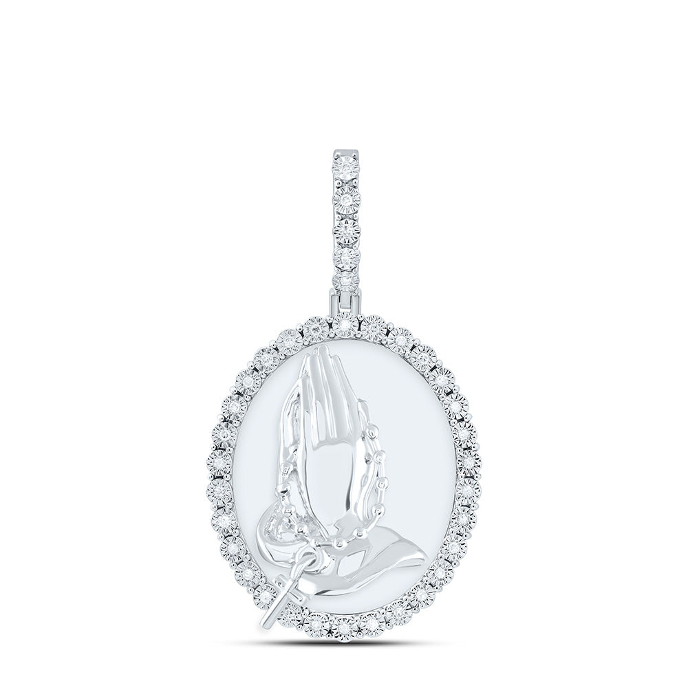 Sterling Silver Yellow-Tone or White-Tone 1/8 Ctw Natural Diamond Praying Hand Cross Oval Pendant
