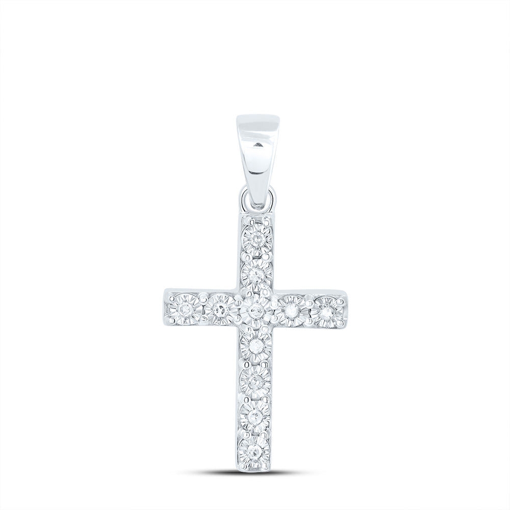 Sterling Silver White-Tone 1/20 Ctw Natural Diamond Cross Pendant