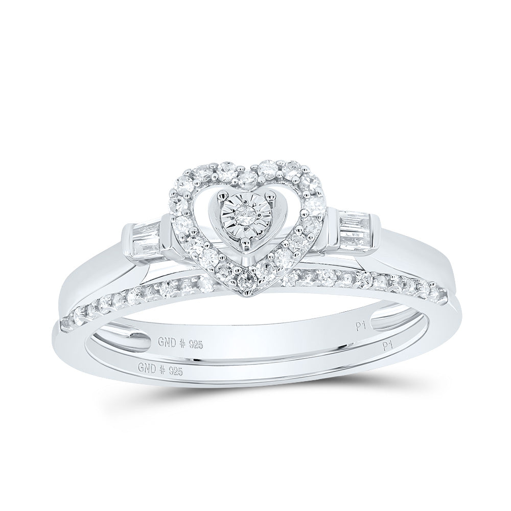 Sterling Silver White-Tone 1/5 Ctw Natural Diamond Heart Bridal Set, Womens Size: 5-9