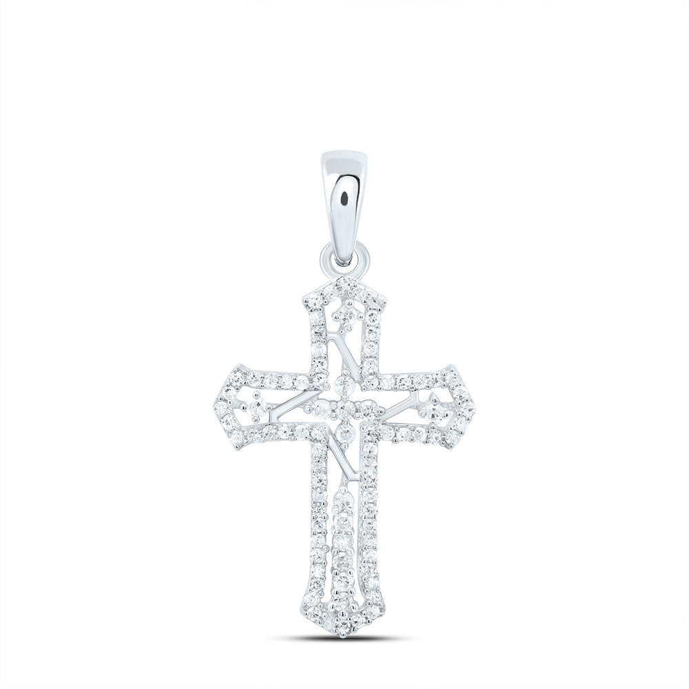 Sterling Silver White-Tone 1/4 Ctw Natural Diamond Cross Pendant