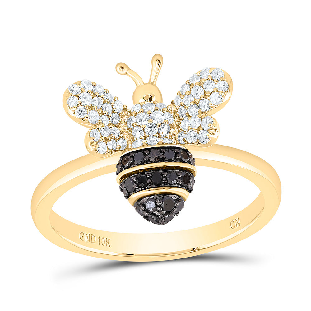 10K Yellow Gold 3/8 Ctw Natural Diamond Round Black Diamond Honey Bee Ring, Womens Size: 5-9