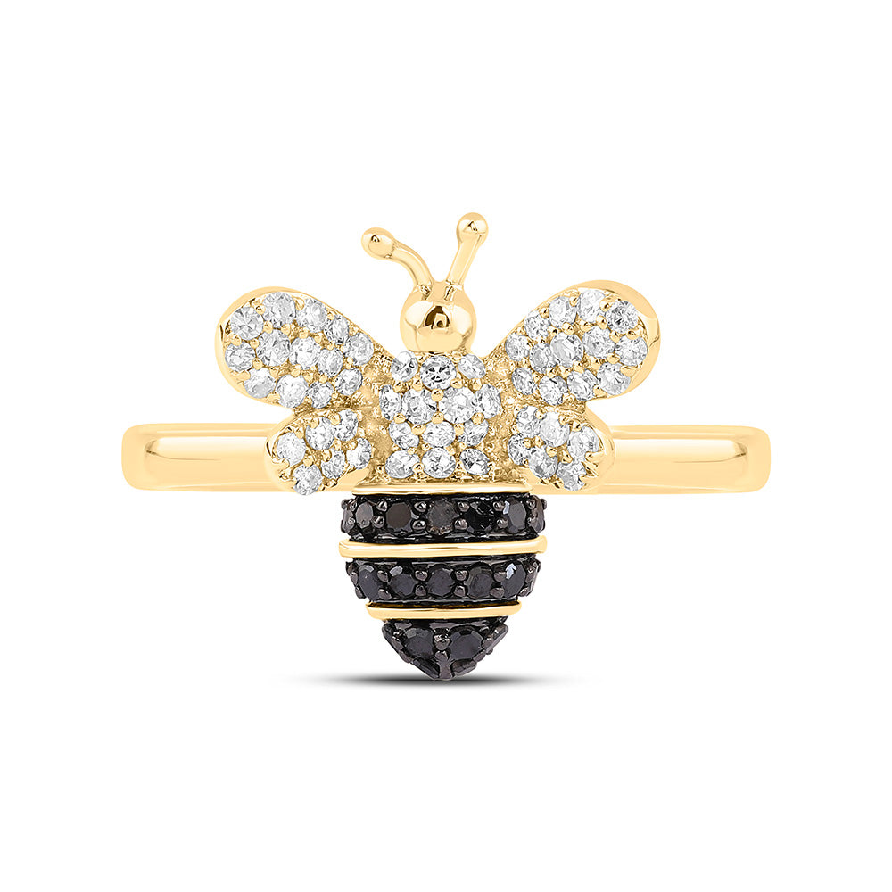 10K Yellow Gold 3/8 Ctw Natural Diamond Round Black Diamond Honey Bee Ring, Womens Size: 5-9