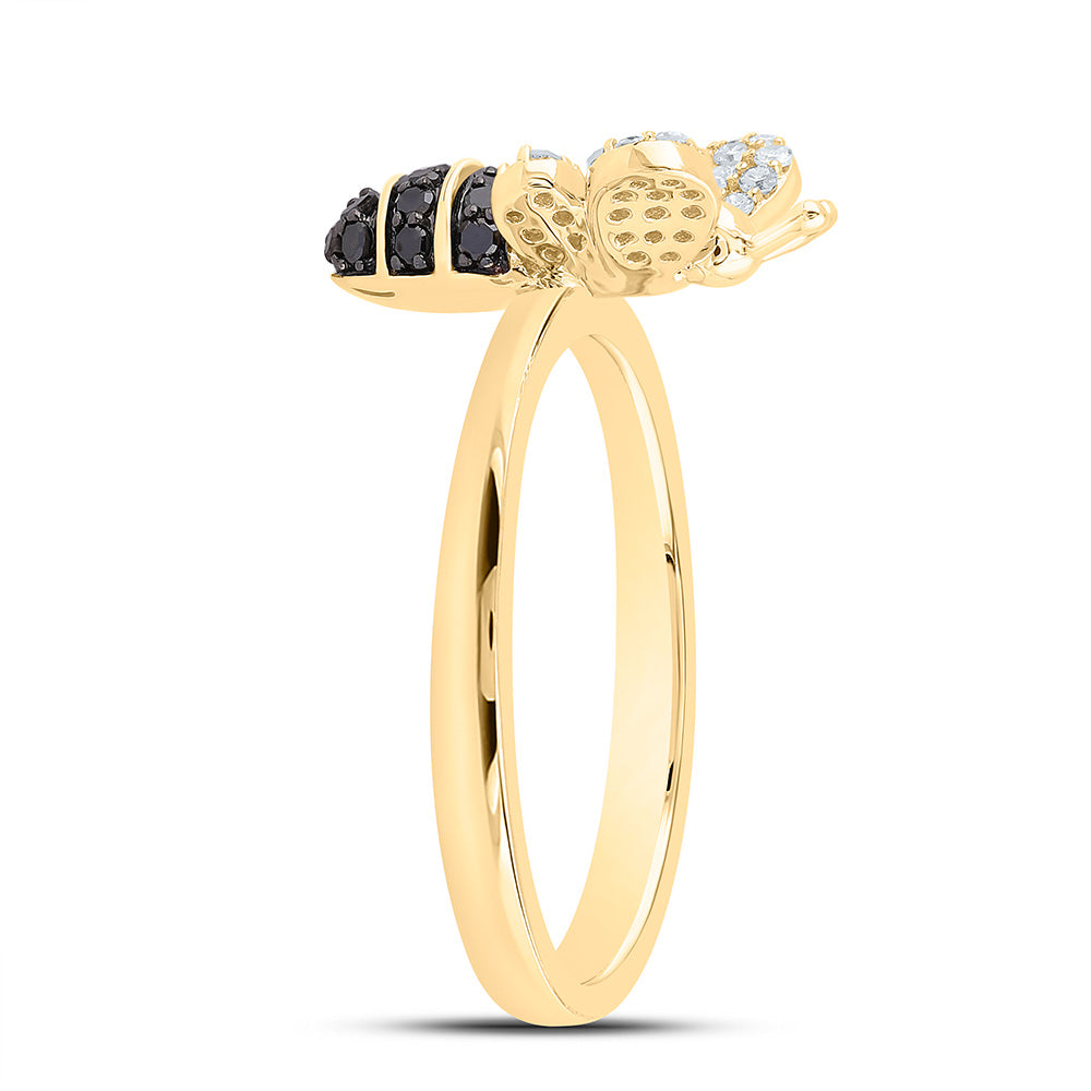 10K Yellow Gold 3/8 Ctw Natural Diamond Round Black Diamond Honey Bee Ring, Womens Size: 5-9