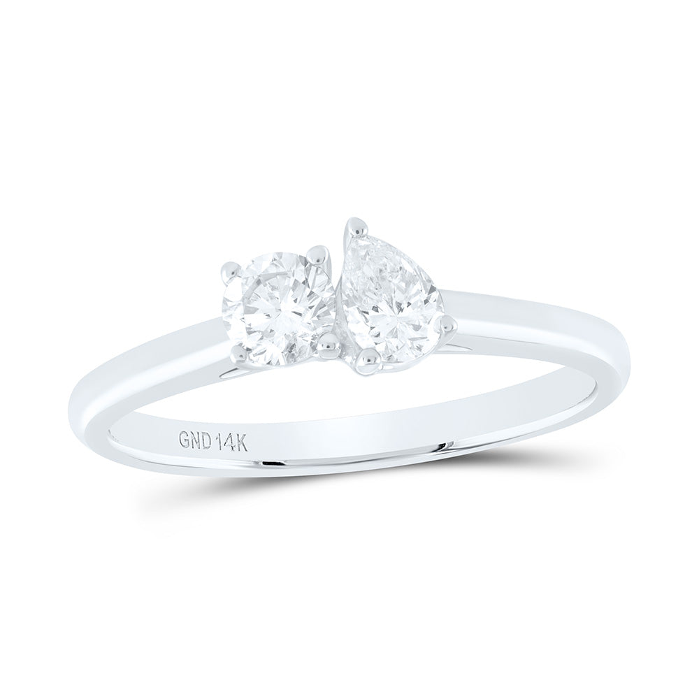 14K Yellow Or White Gold 1/2Cttw Natural Diamond I1-Ij 1/4Ct Center Round, 1/4Ct Center Pear Shape 2 Stone Ring