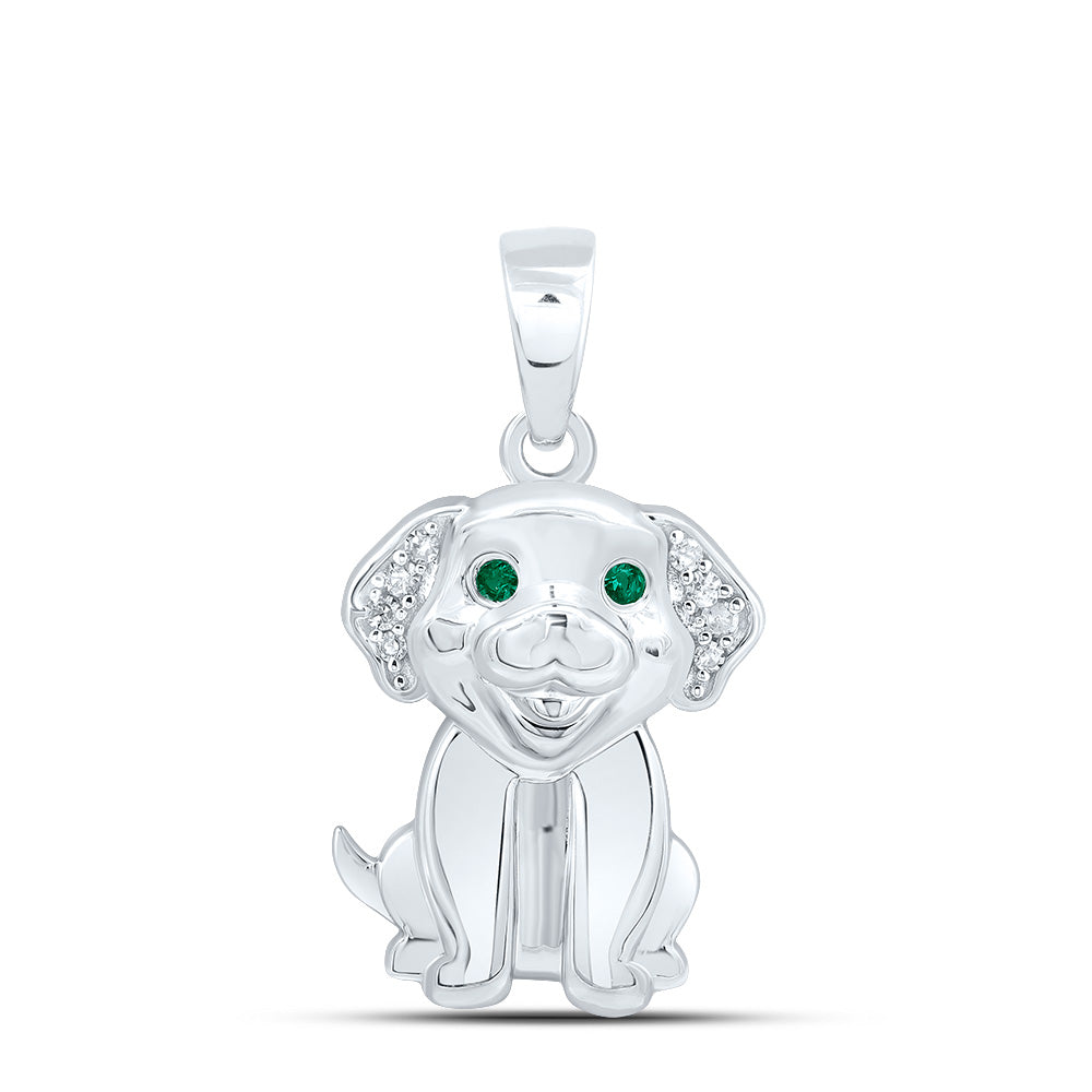 Sterling Silver White-Tone 0.03 Ctw Diamond 1.1MM Round Emerald Natural Gem Dog Pendant