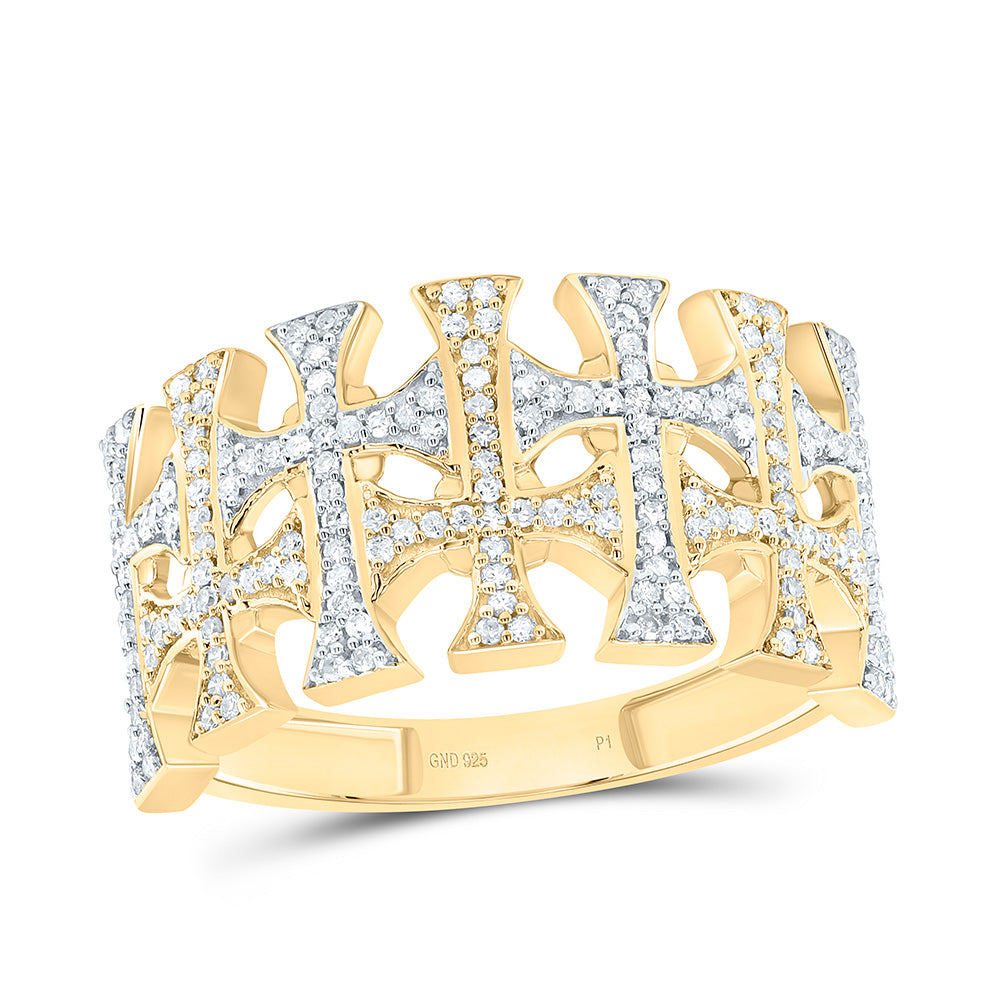 Sterling Silver Yellow-Tone or White-Tone 3/8 Ct Natural Diamond Crome Cross Mens Ring, Mens Size: 8-12