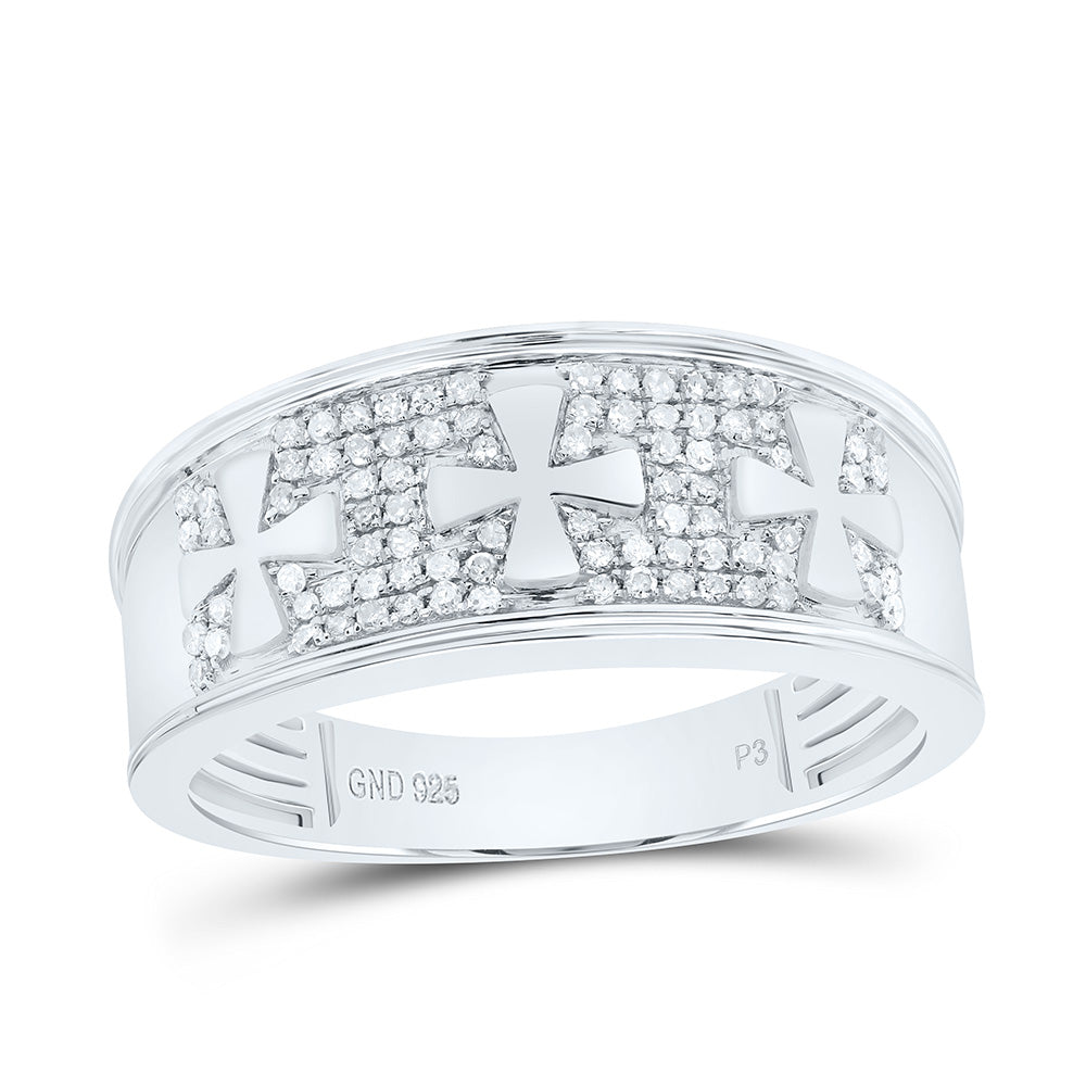 Sterling Silver White-Tone 1/4 Ctw Natural Diamond Cross Mens Band, Mens Size: 8-12