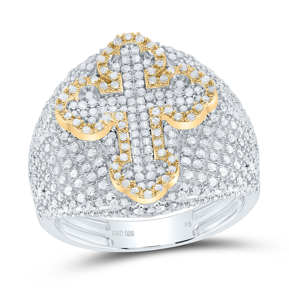 Sterling Silver With Yellow Tone 1 3/8Cttw Natural Diamond Cross Men'S Ring