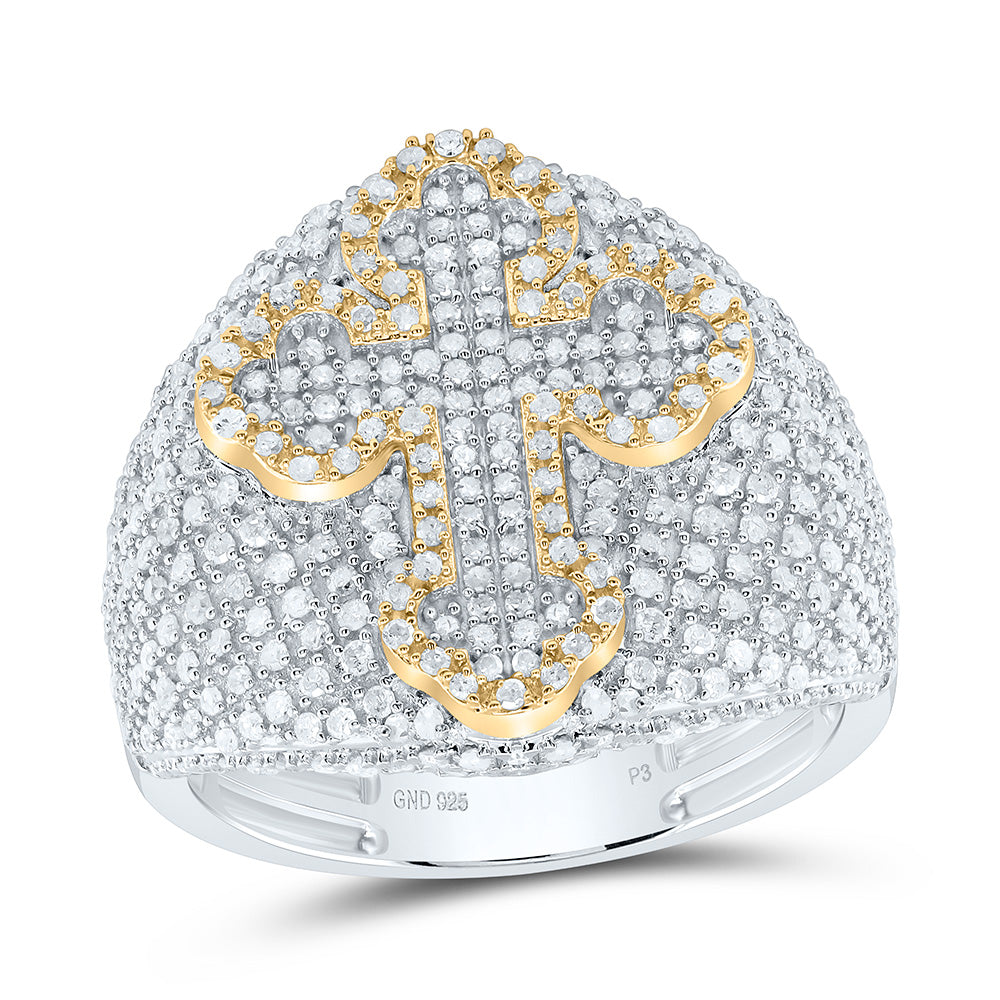 Sterling Silver White-Tone 1 1/3 Ctw Natural Diamond Cross Men's Ring, Mens Size: 8-12