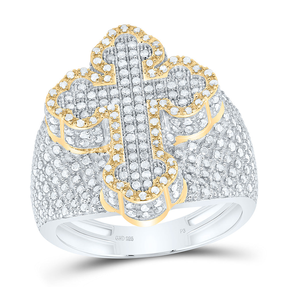 Sterling Silver White-Tone 1 1/3 Ctw Natural Diamond Cross Men's Ring, Mens Size: 8-12