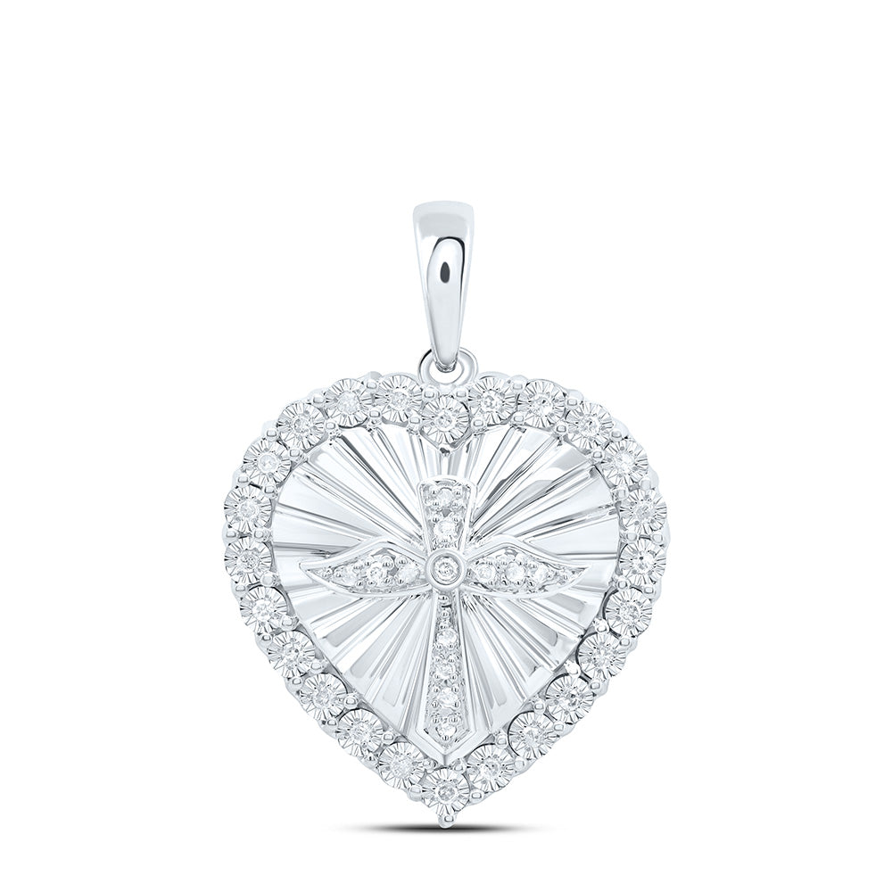 Sterling Silver Yellow-Tone or White-Tone 1/6 Ctw Natural Diamond Heart Cross Pendant