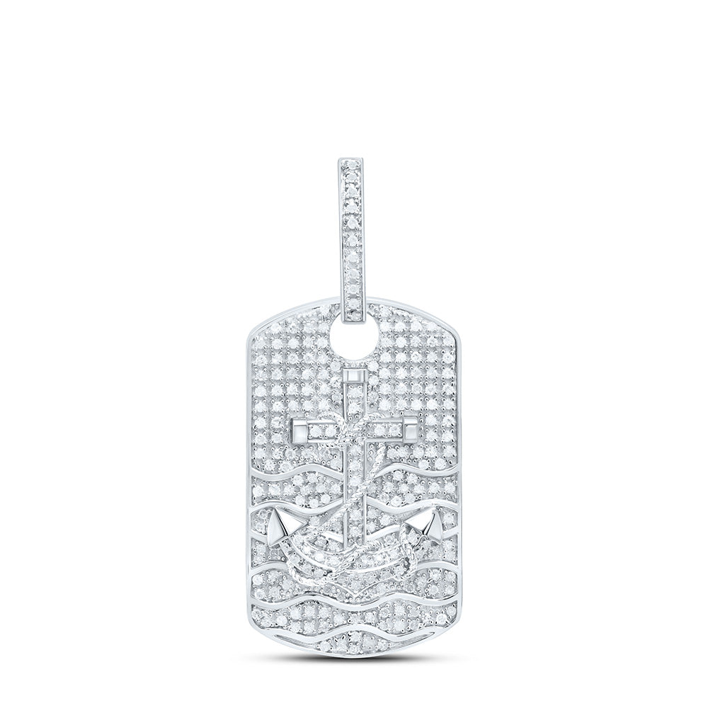 Sterling Silver White-Tone 3/4 Ctw Natural Diamond Cross Anchor Dog Tag Pendant