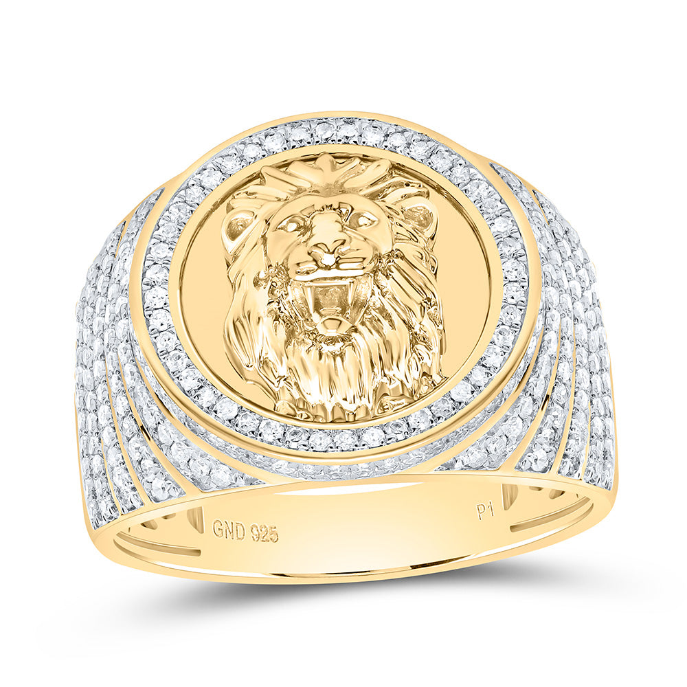 Sterling Silver Yellow-Tone 7/8 Ctw Natural Diamond Lion Face Mens Ring, Mens Size: 8-12