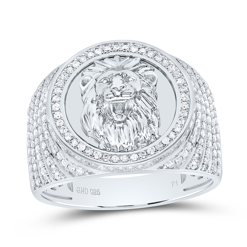 Sterling Silver 7/8Cttw Natural Diamond Gift Lion Face Mens Ring