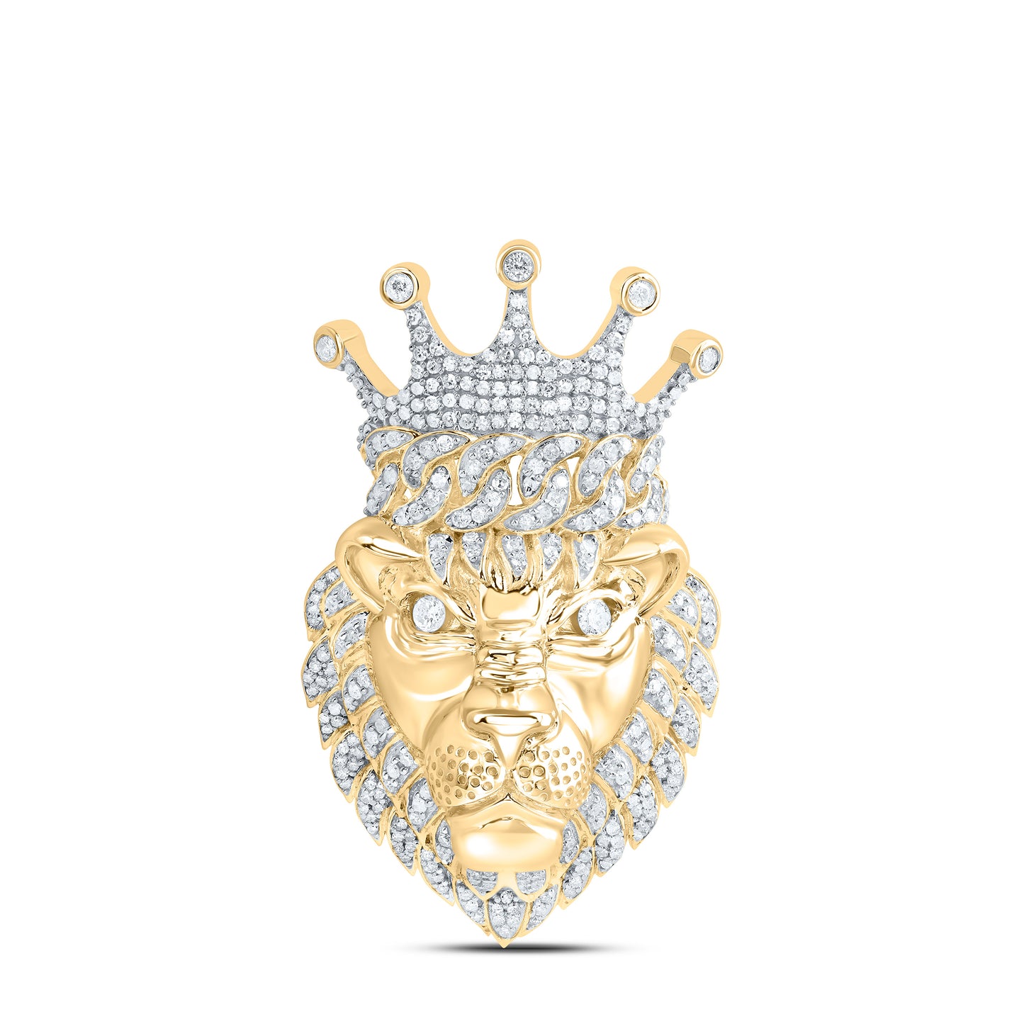 Sterling Silver With Yellow Tone 1 7/8Cttw Natural Diamond Gift Crown Lion Face Mens Charm