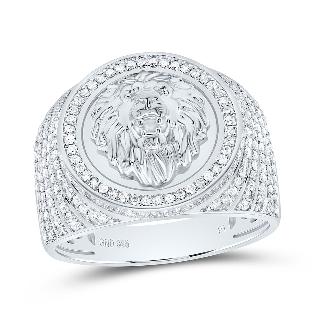 Sterling Silver White-Tone 7/8 Ctw Natural Diamond Lion Face Mens Ring, Mens Size: 8-12