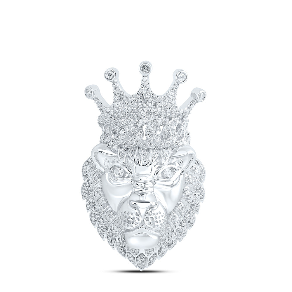 Sterling Silver White-Tone 1 7/8 Ctw Natural Diamond Crown Lion Face Mens Charm