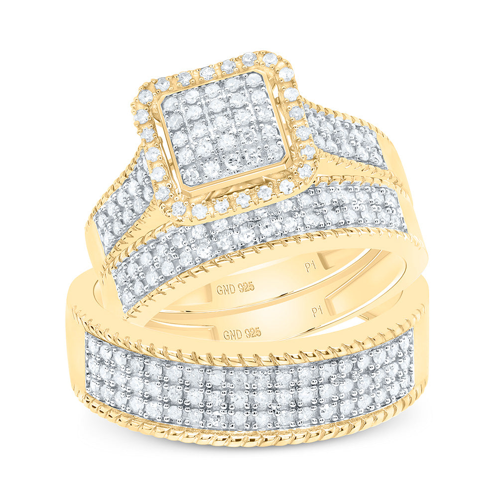 Sterling Silver Yellow-Tone or White-Tone 5/8 Ctw Natural Diamond Square Trio Set, Womens Size: 5-9, Mens Size: 8-12