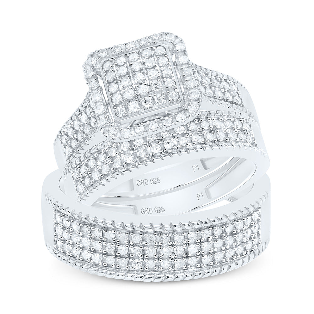 Sterling Silver Yellow-Tone or White-Tone 5/8 Ctw Natural Diamond Square Trio Set, Womens Size: 5-9, Mens Size: 8-12