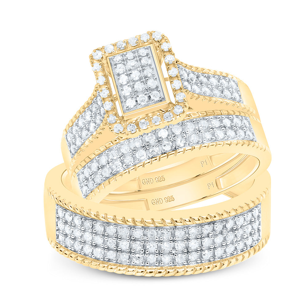 Sterling Silver Yellow-Tone or White-Tone 5/8 Ctw Natural Diamond Emerald Trio Set, Womens Size: 5-9, Mens Size: 8-12