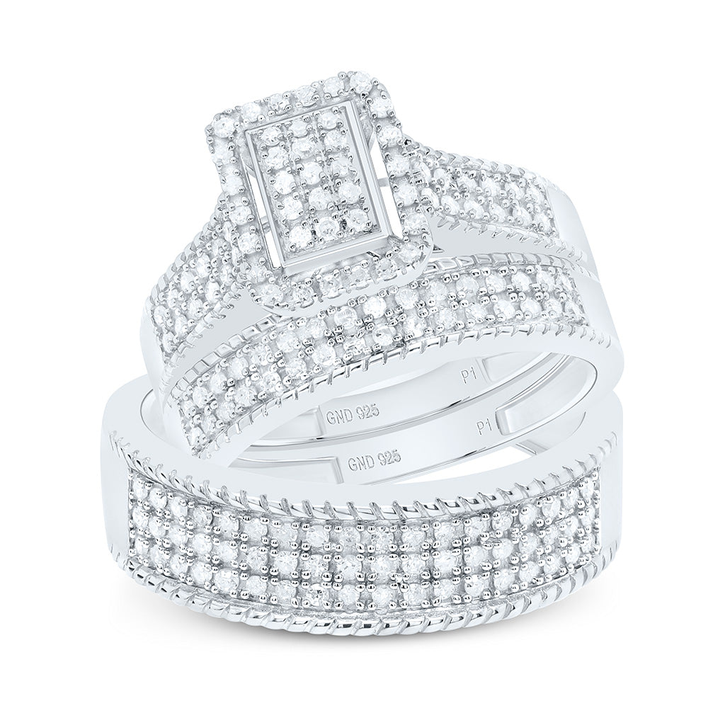Sterling Silver Yellow-Tone or White-Tone 5/8 Ctw Natural Diamond Emerald Trio Set, Womens Size: 5-9, Mens Size: 8-12