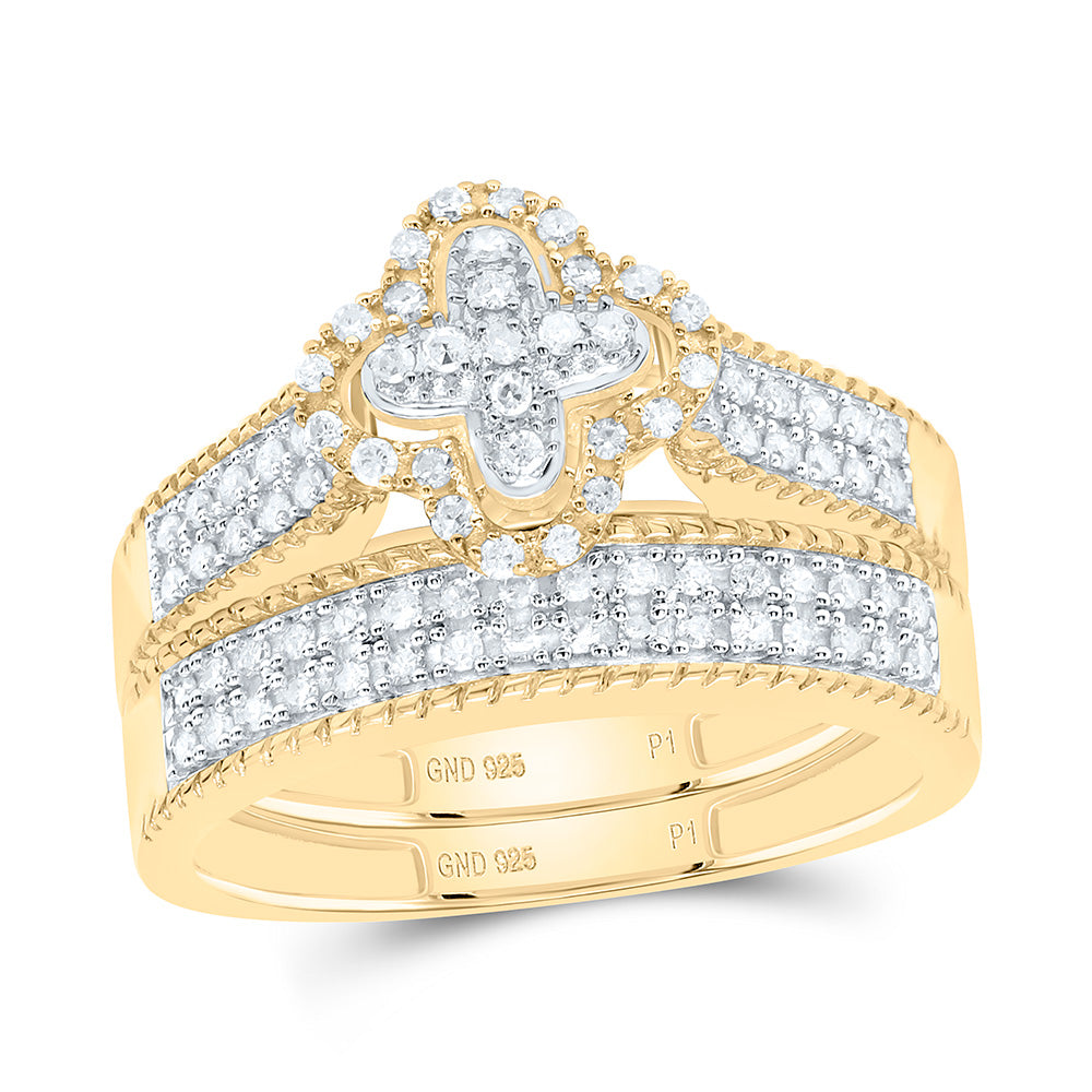 Sterling Silver Yellow-Tone or White-Tone 1/2 Ctw Natural Diamond Clover Trio Set, Womens Size: 5-9, Mens Size: 8-12