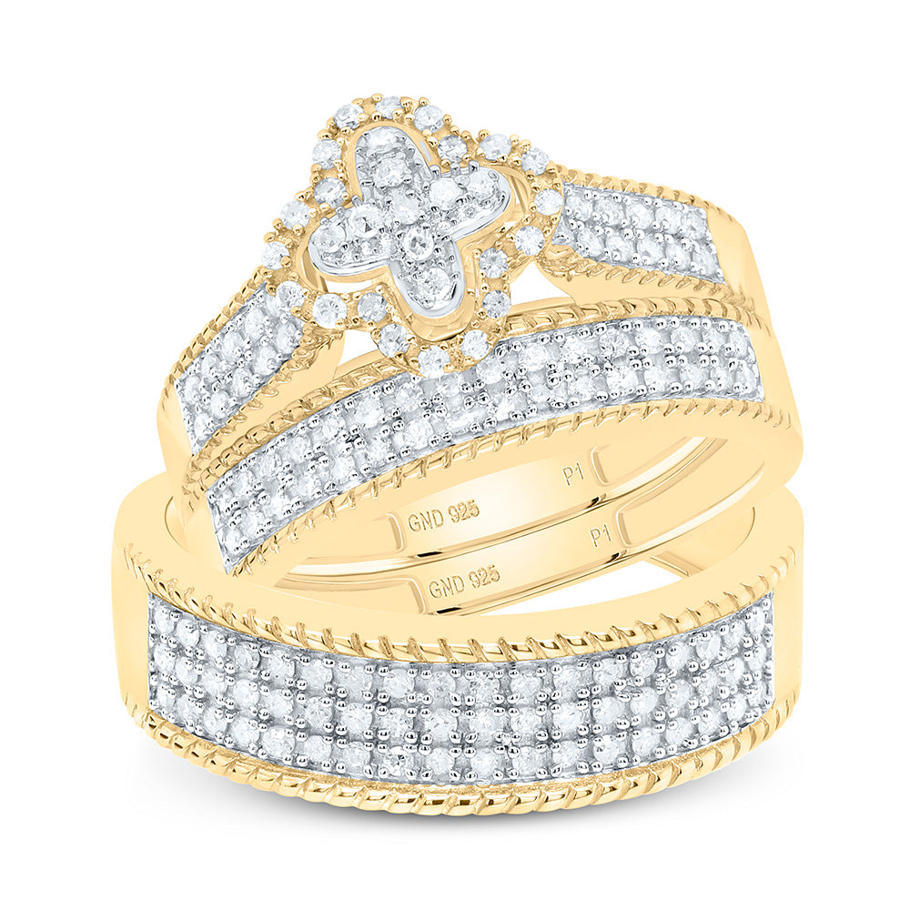 Sterling Silver Yellow-Tone or White-Tone 1/2 Ctw Natural Diamond Clover Trio Set, Womens Size: 5-9, Mens Size: 8-12