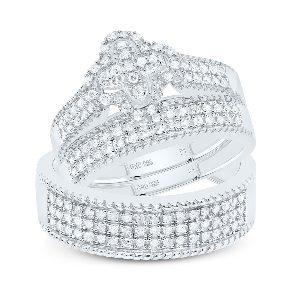 Sterling Silver Yellow-Tone or White-Tone 1/2 Ctw Natural Diamond Clover Trio Set, Womens Size: 5-9, Mens Size: 8-12