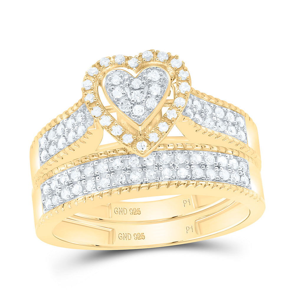 Sterling Silver Yellow-Tone or White-Tone 1/2 Ctw Natural Diamond Heart Trio Set, Womens Size: 5-9, Mens Size: 8-12