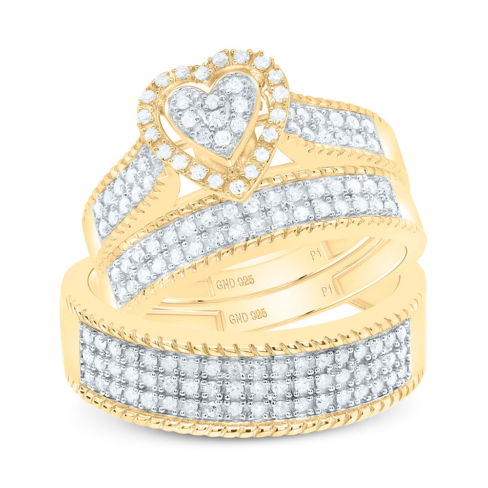 Sterling Silver Yellow-Tone or White-Tone 1/2 Ctw Natural Diamond Heart Trio Set, Womens Size: 5-9, Mens Size: 8-12