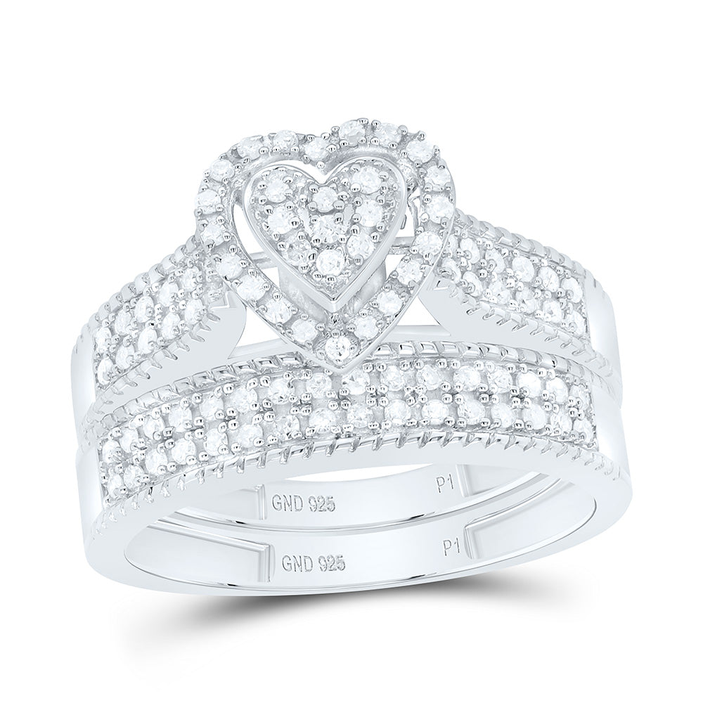 Sterling Silver Yellow-Tone or White-Tone 1/2 Ctw Natural Diamond Heart Trio Set, Womens Size: 5-9, Mens Size: 8-12