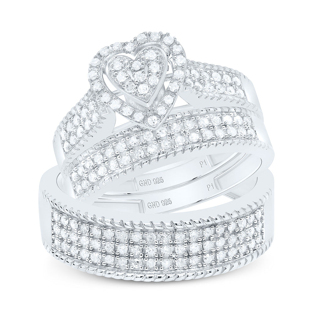 Sterling Silver Yellow-Tone or White-Tone 1/2 Ctw Natural Diamond Heart Trio Set, Womens Size: 5-9, Mens Size: 8-12