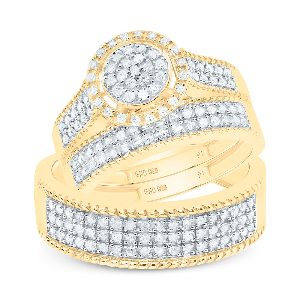Sterling Silver Yellow-Tone or White-Tone 5/8 Ctw Natural Diamond Round Trio Set, Womens Size: 5-9, Mens Size: 8-12