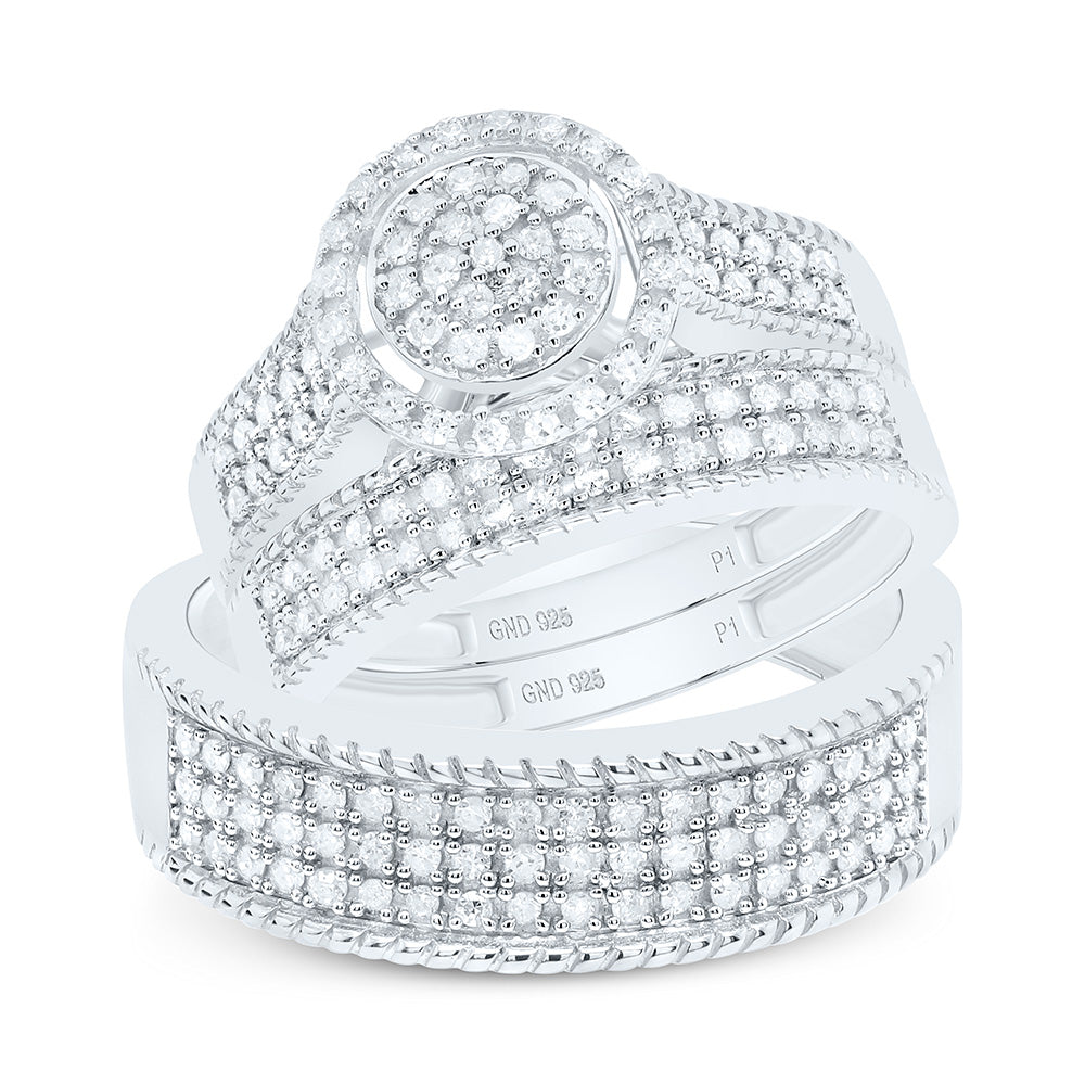 Sterling Silver Yellow-Tone or White-Tone 5/8 Ctw Natural Diamond Round Trio Set, Womens Size: 5-9, Mens Size: 8-12