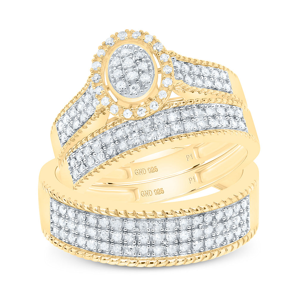 Sterling Silver Yellow-Tone 1/2 Ctw Natural Diamond Oval Trio Set, Womens Size: 5-9, Mens Size: 8-12