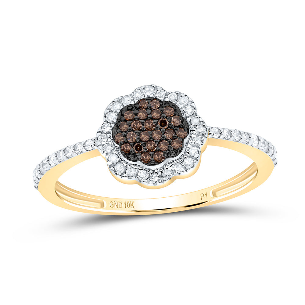 10K Yellow or Rose Gold 1/4 Ctw Natural Diamond Cognac Natural Flower Ring, Womens Size: 5-9