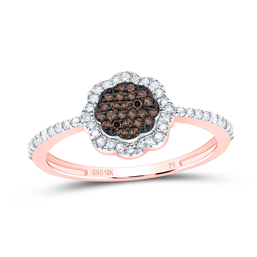 10K Yellow or Rose Gold 1/4 Ctw Natural Diamond Cognac Natural Flower Ring, Womens Size: 5-9