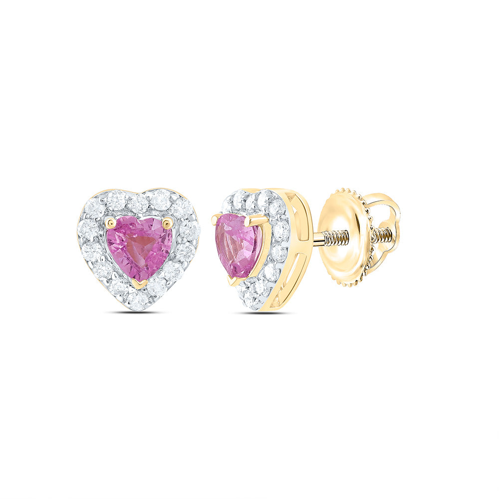 14K Yellow or White or Rose Gold 1/10 Ctw Diamond 3MM Pink Sapphire Natural Gem Heart Earring