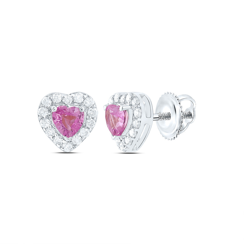 14K Yellow or White or Rose Gold 1/10 Ctw Diamond 3MM Pink Sapphire Natural Gem Heart Earring