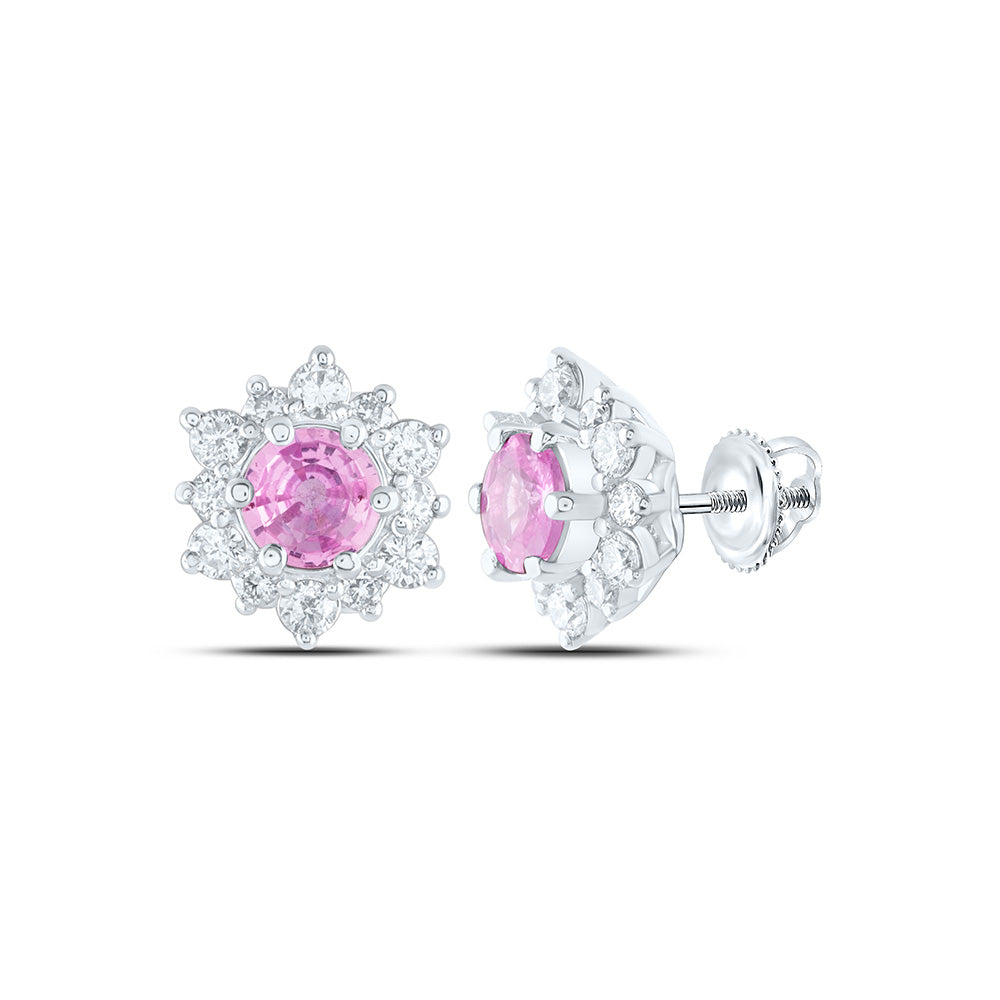 14K White or Rose Gold 3/8 Ctw Diamond 4.5MM Round Pink Sapphire Natural Gem Earring